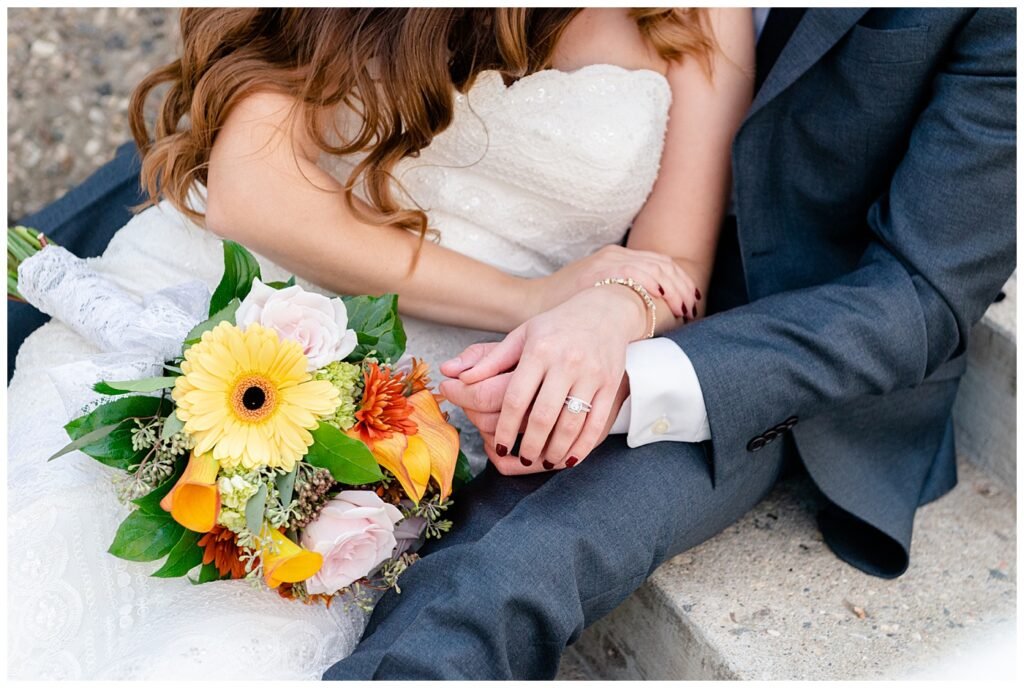 Regina Wedding Photographer - Tim & Jennelle At Home Wedding - Bride resting on groom showing ring