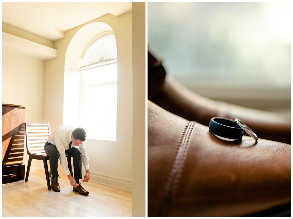 Regina Wedding Photographer - Tim & Jennelle At Home Wedding - Groom tying brown shoes and rings on shoes