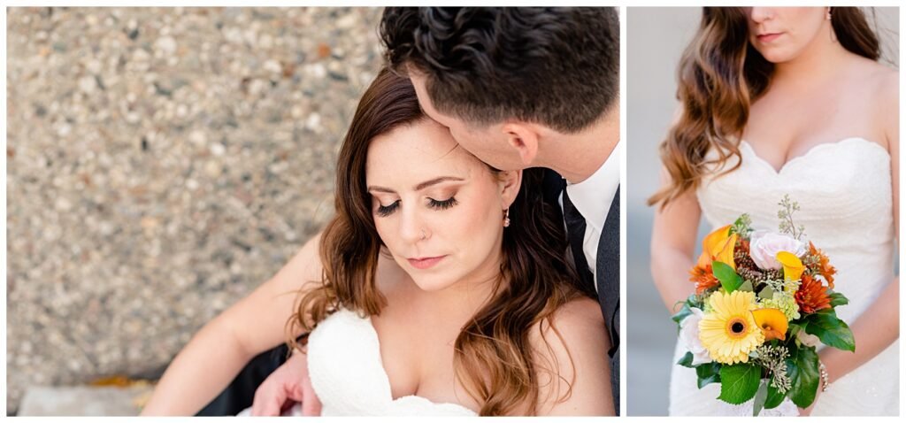 Regina Wedding Photographer - Tim & Jennelle At Home Wedding - Bride resting eyes and holding flowers