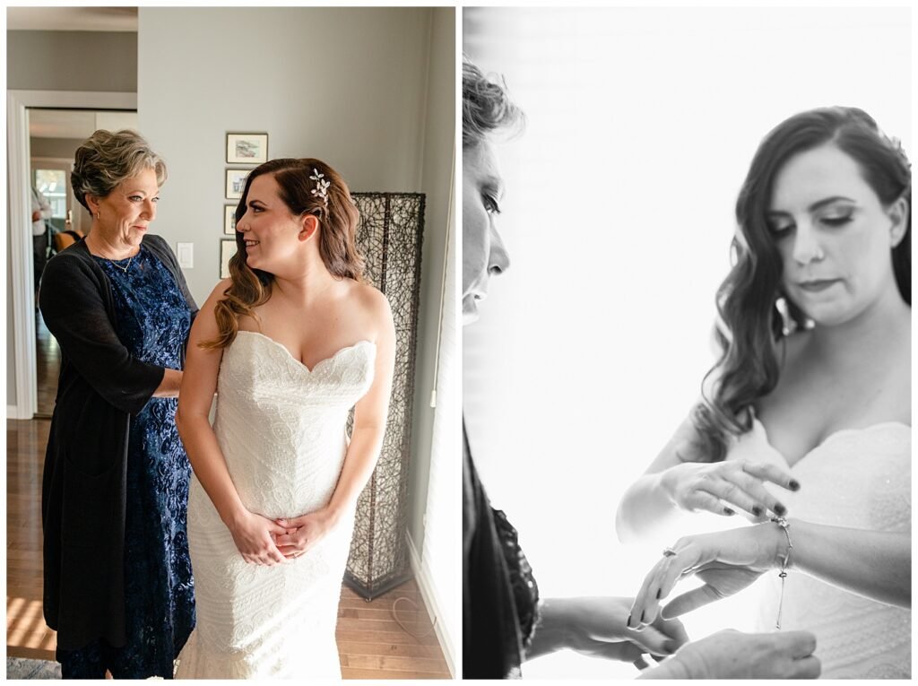 Regina Wedding Photographer - Tim & Jennelle At Home Wedding - Mother of bride helping with dress and jewelry