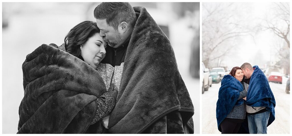 Regina Couple Photography - Ashley - Scott - Couple snuggle to keep warm under blue fuzzy blanket in the snow