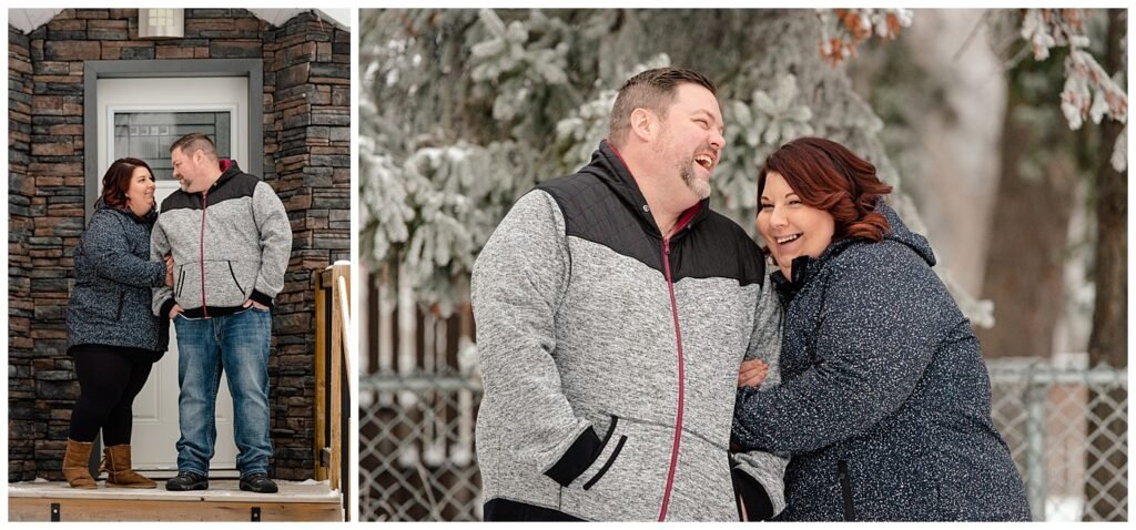 Regina Family Photographer - Ashley - Scott - Couple share a laugh in their front yard in the snow