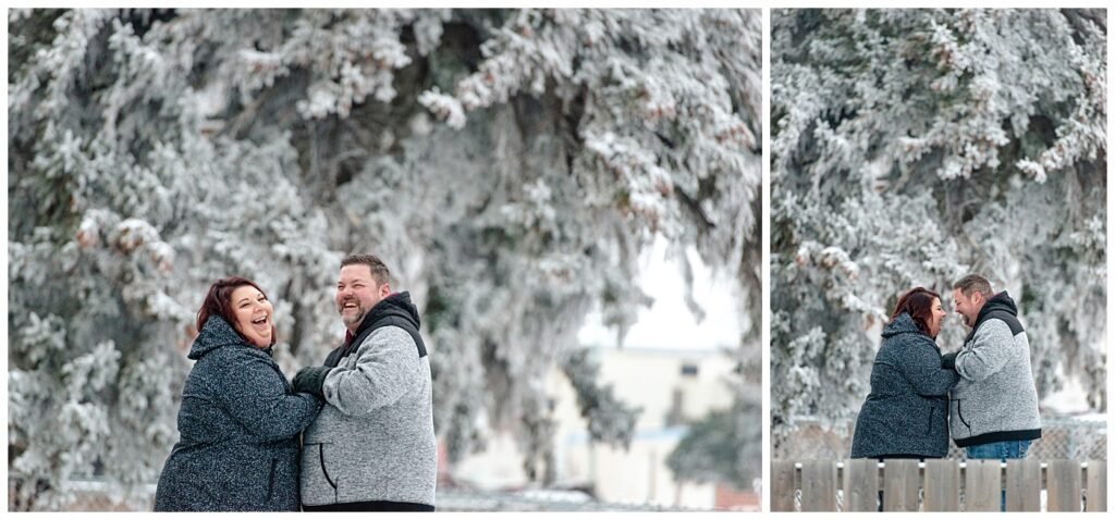 Regina Family Photographers - Ashley - Scott - Couple share a laugh in their front yard in the snow