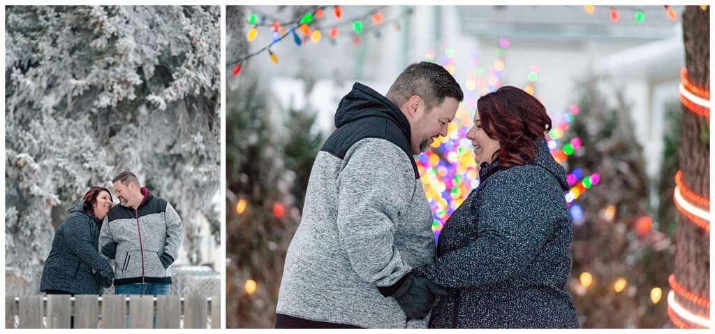 Regina Family Photographers - Ashley - Scott - Couple share a laugh under the Christmas lights