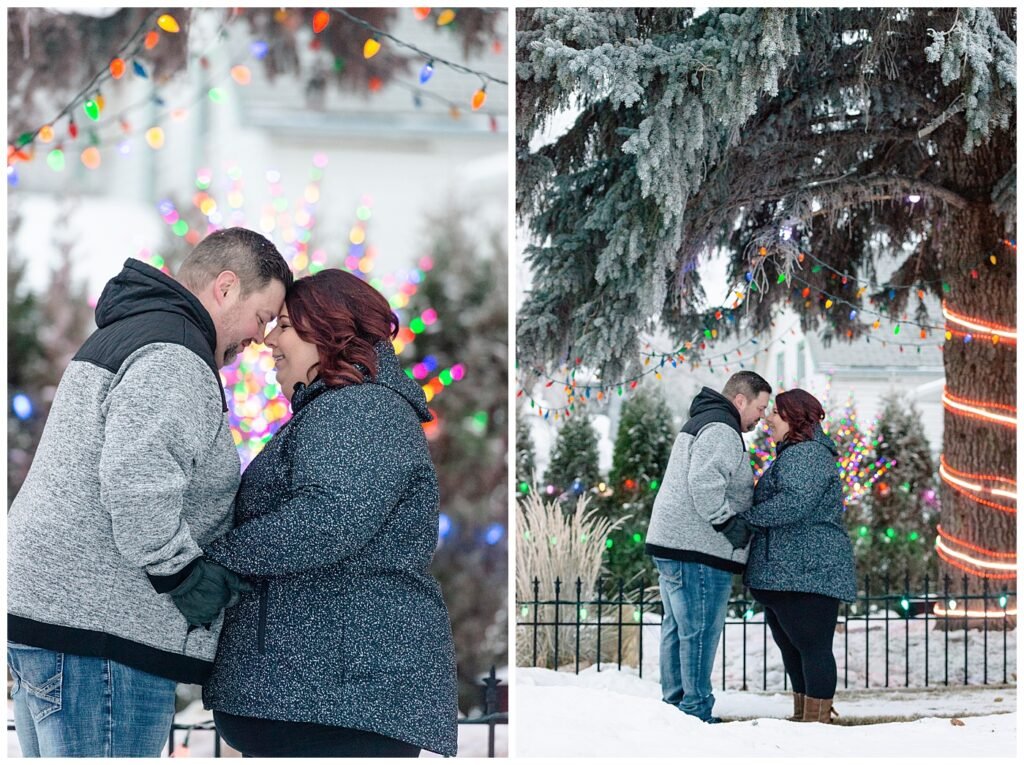 Regina Family Photographers - Ashley - Scott - Couple stands under Christmas lights