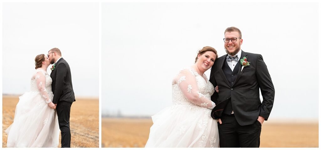 Regina Wedding Photographer - Kolton - Maxine - Bride & Groom share a kiss in a harvested wheat field