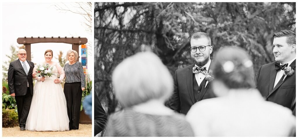 Regina Wedding Photographer - Kolton - Maxine - Bride walks down the aisle with her parents