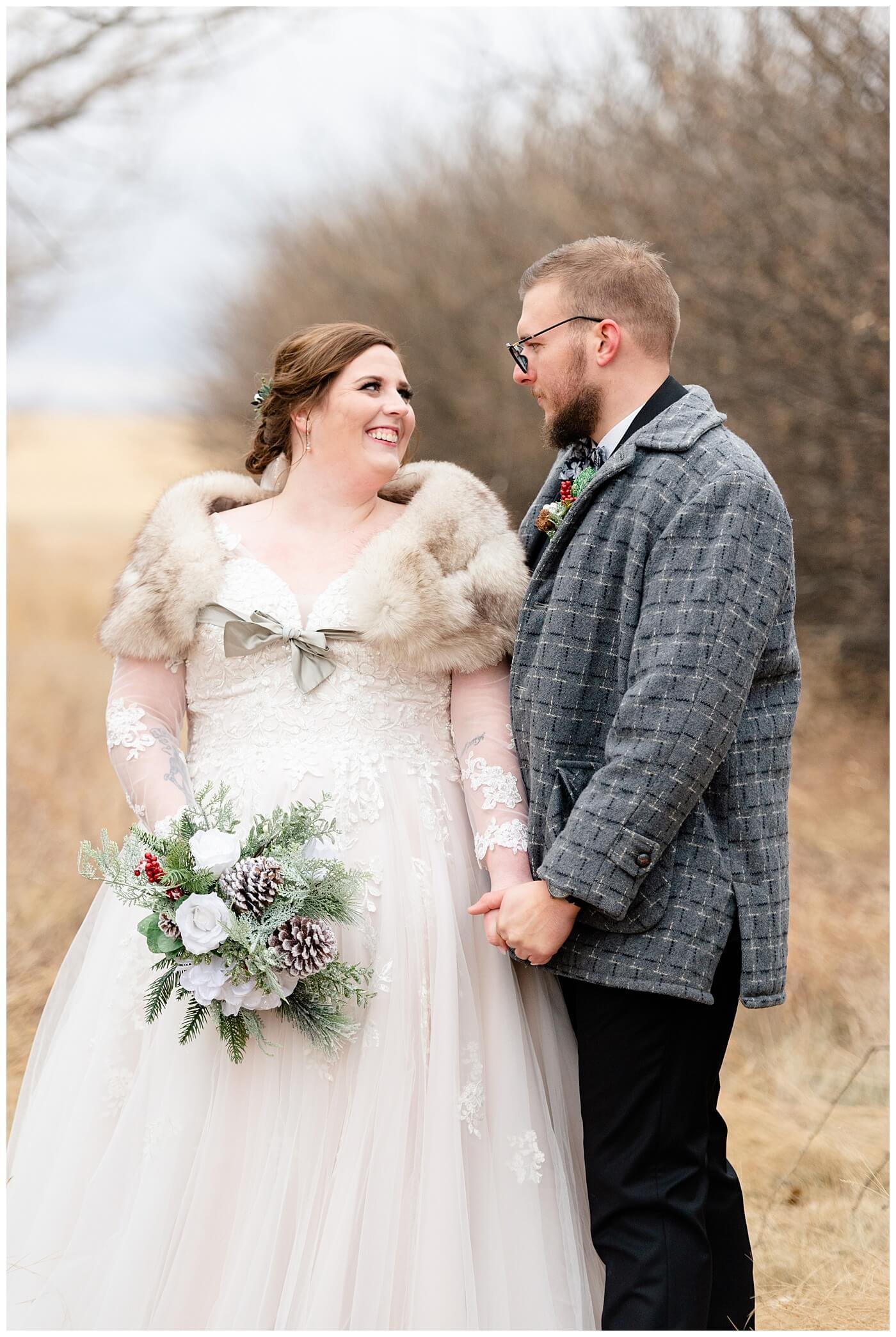 Regina Wedding Photographer - Kolton - Maxine - Bride wears vintage fur stole on her wintery wedding day