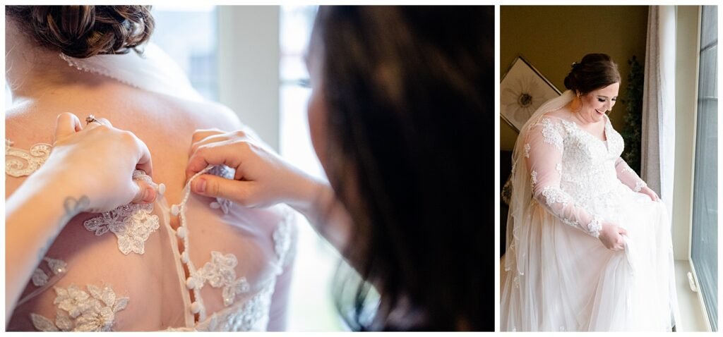 Regina Wedding Photographer - Kolton - Maxine - Buttoning Stella York lace gown on bride - Bride admires her gown