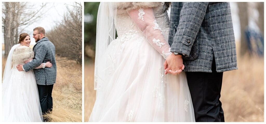 Regina Wedding Photographers - Kolton - Maxine - Bride & Groom in vintage winter wear from the brides family