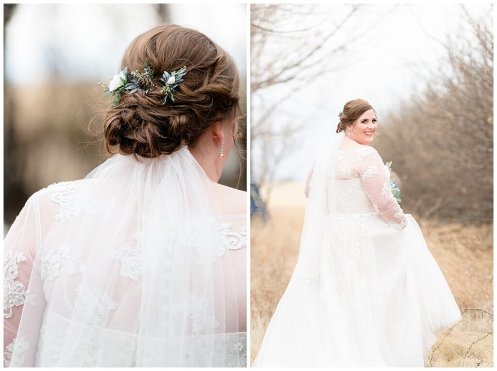 Regina Wedding Photographers - Kolton - Maxine - Bride in her Stella York gown - Hair with pinecone detail