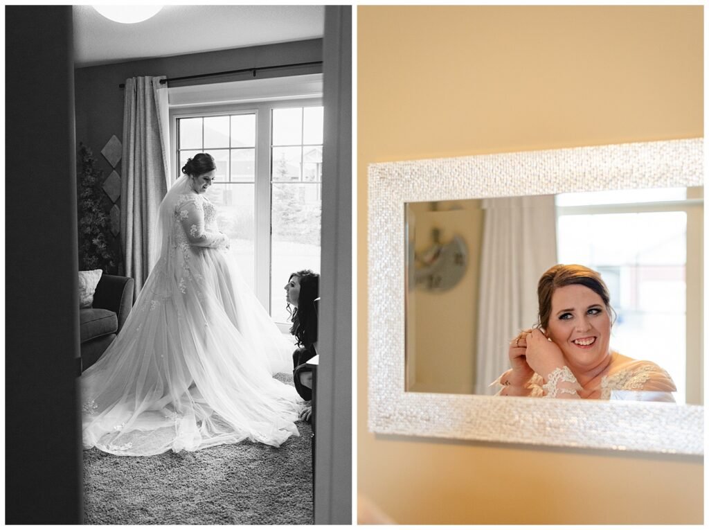 Regina Wedding Photography - Kolton - Maxine - Bride puts on her Alie & Elsie Jewelry