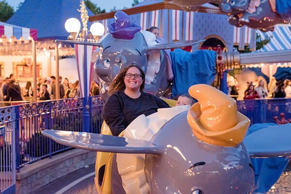 Courtney on the Dumbo ride at Disneyland