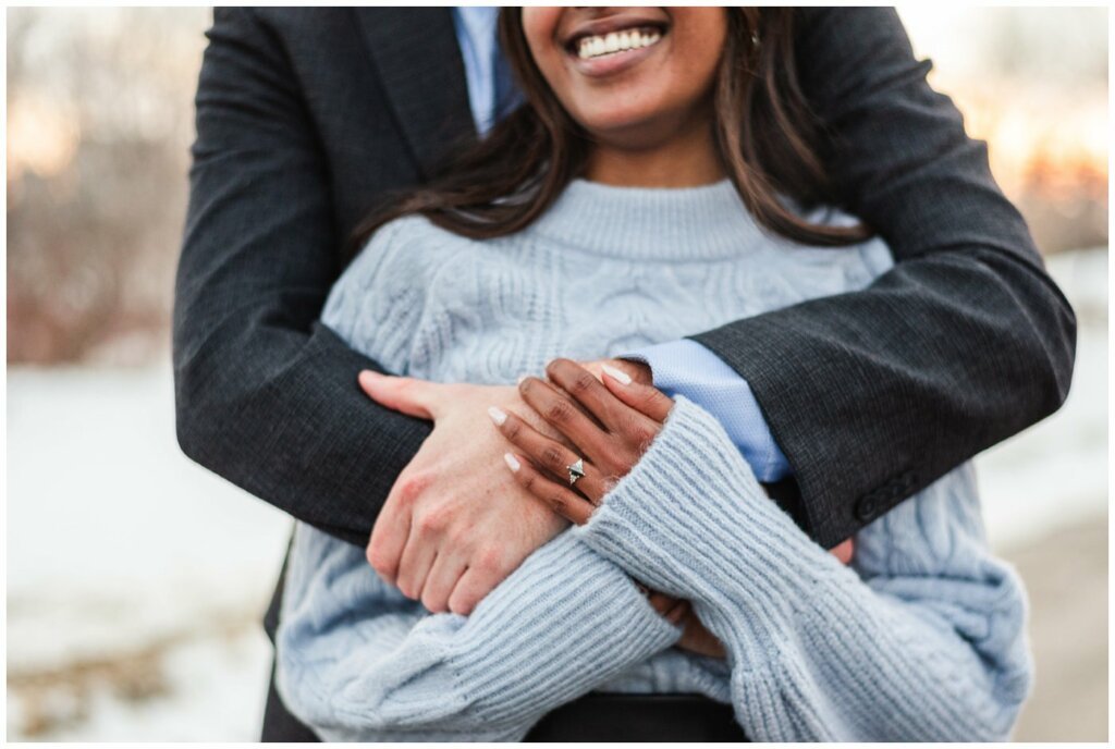 Regina Engagement Photography - Stephen & Sarah - 012 - Hug from behind and close up of ring