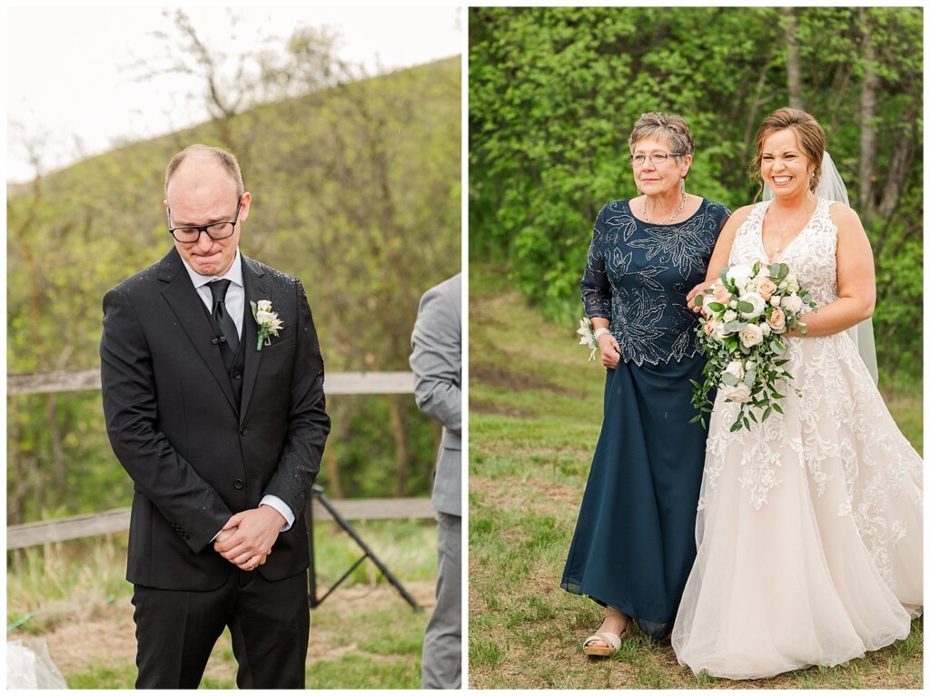 Bride walking down the aisle and groom's reaction