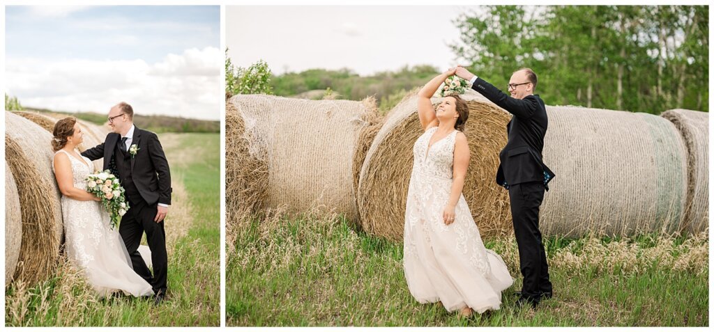 Bride & Groom dancing by hay bales