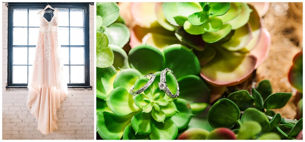 Colter & Jillyan's Spring Wedding 2021 - Newline Bridal Dress and close up of wedding ring.