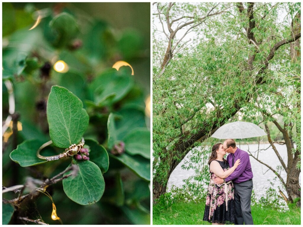 Sheldon & Amy - Engagement Session - 007 - Claddagh Ring and Kiss under an umbrella