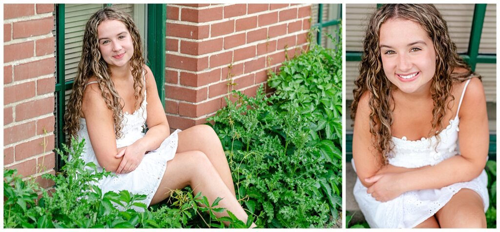 Cailey Baseden - Graduation 2021 - 13 - High school grad in white dress sitting on green window frame