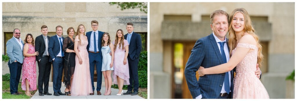 Family together in support of graduate in front of the Saskatchewan Legislative Building