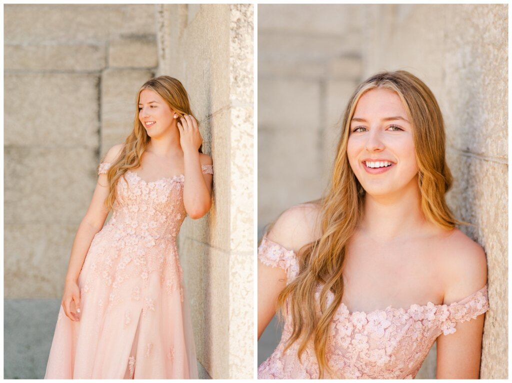 Rachel Vanderhooft - Graduation Photo Session - Graduate in her blush flowered dress shows off her matching rose gold Hillberg & Berk sparkleballs