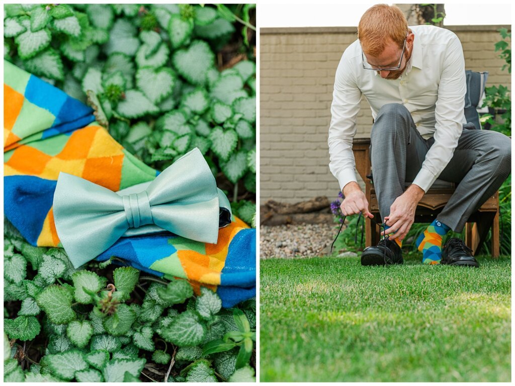 Stephen & Sarah Wedding - 01 - Moores Suit with bowtie and socks