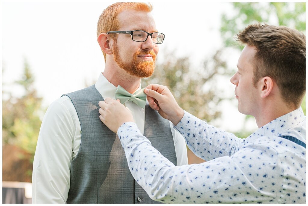 Stephen & Sarah Wedding - 02 - Timothy adjusting Stephen's Bow Tie