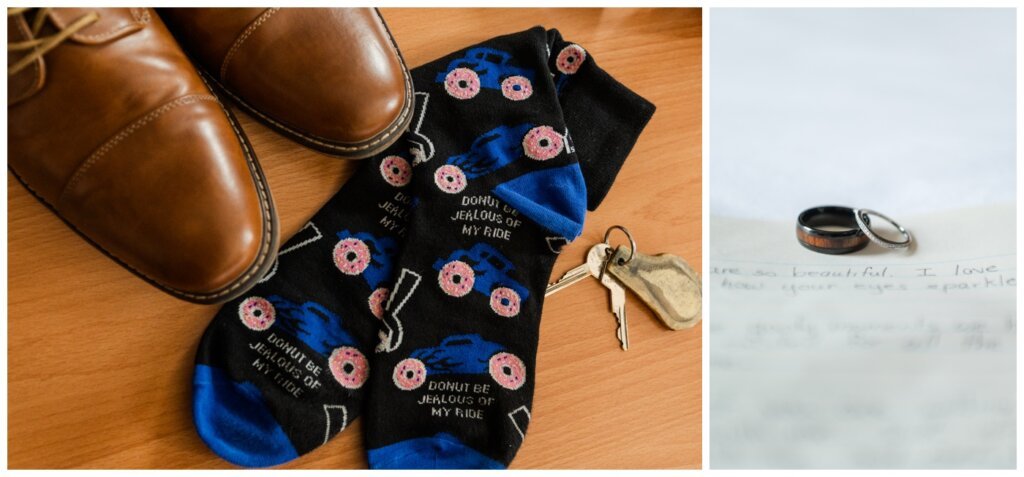 Dominik & Chelsea - Moose Jaw Wedding - 01 - Groom Details - Donut Socks