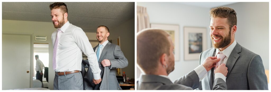 Dominik & Chelsea - Moose Jaw Wedding - 02 - Best Man helping Groom get dressed at Heritage Inn