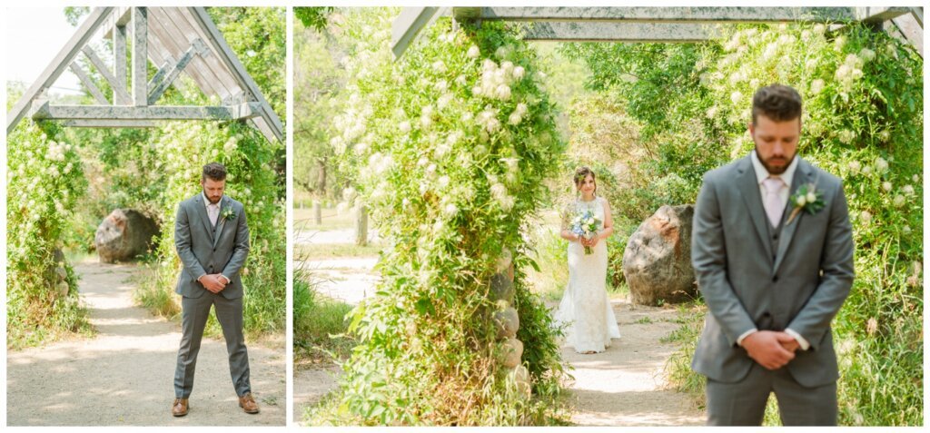 Dominik & Chelsea - Moose Jaw Wedding - 11 - First Look with Groom at McCaig Gardens in Wakamow Valley