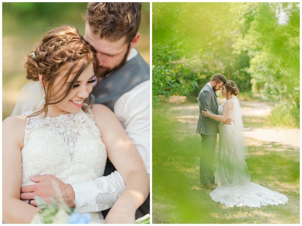 Dominik & Chelsea - Moose Jaw Wedding - 15 - Bride & Groom through the trees