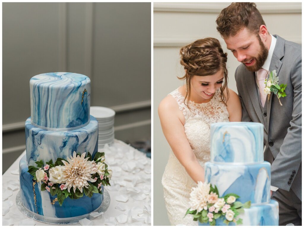 Dominik & Chelsea - Moose Jaw Wedding - 25 - Bride & Groom cutting wedding cake from Lisa Parker at Temple Gardens