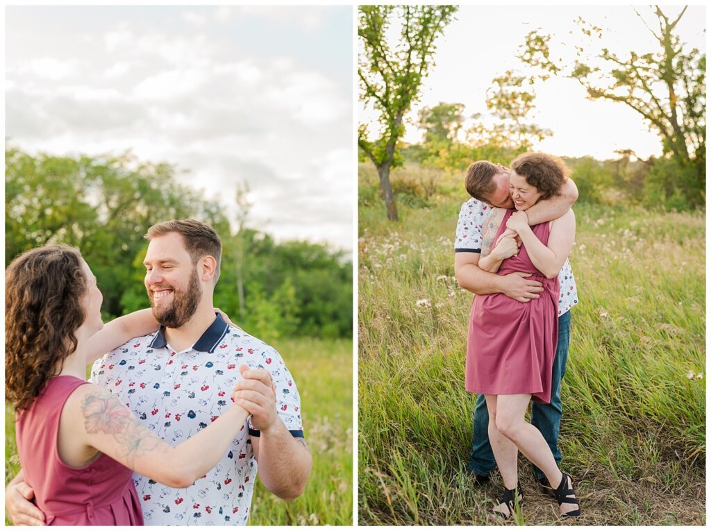 Mitch & Val - Engagement Session in Wascana Habitat Conservation Area - 02 - Couple dancing and nibbling into neck