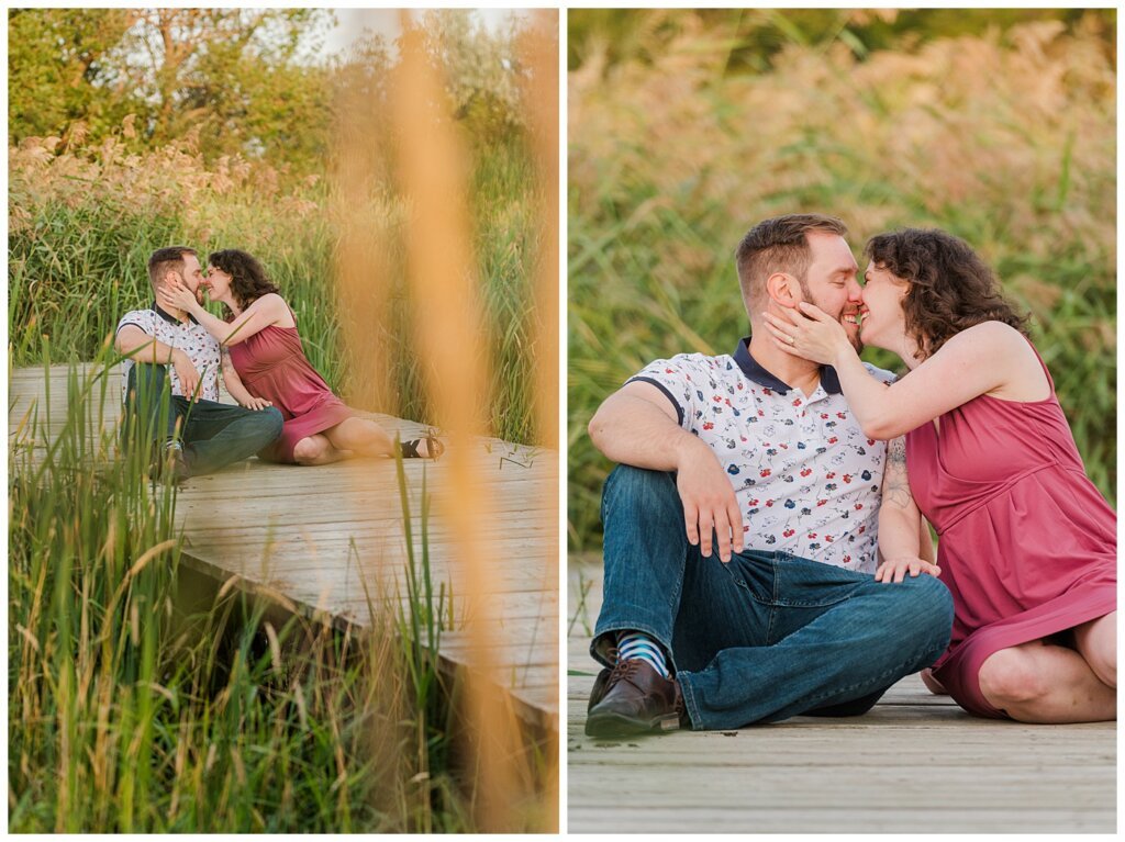 Mitch & Val - Engagement Session in Wascana Habitat Conservation Area - 05 - Couple sitting on a dock kissing