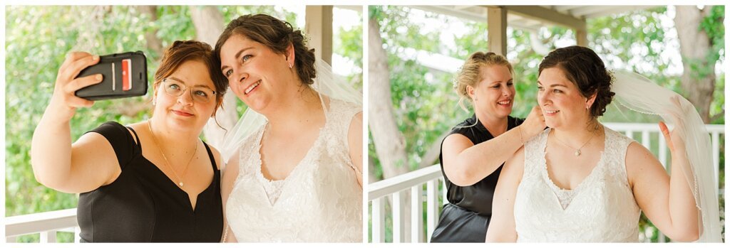 Sheldon & Amy - Besant Campground Wedding - 02 - Bridesmaids assist with Bridal Preparation