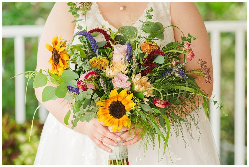 Sheldon & Amy - Besant Campground Wedding - 05 - Summer bridal bouquet from Ellen's on Main Moose Jaw