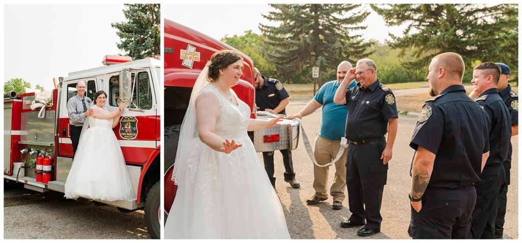 Sheldon & Amy - Besant Campground Wedding - 21 - Bride with Caronport Volunteer Fire Department