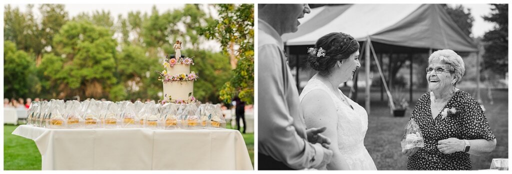 Sheldon & Amy - Besant Campground Wedding - 25 - Bride & Groom hand out cupcakes