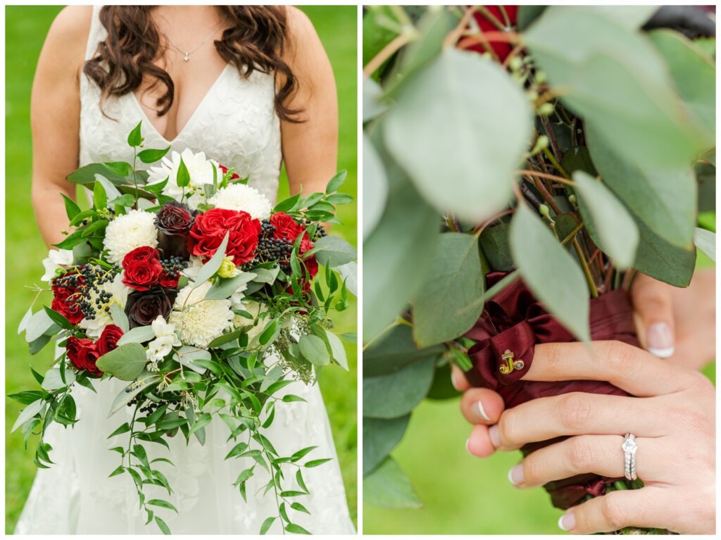 Andrew & Lacey - 30 - Bride with special pin for Grandpa Jack with flowers from Wascana Flower Shoppe