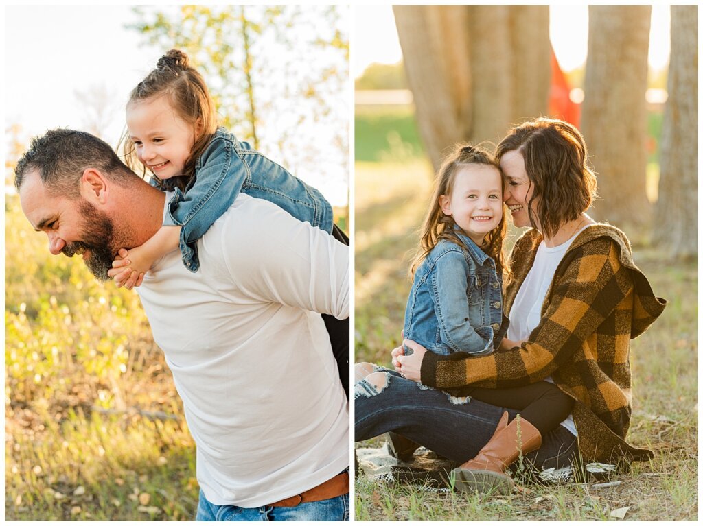 Kim & Lisa Korchinski - White Butte Trails - Family Photo Session 2021 - 02 - Daughter on dad's shoulders and sitting on mom's lap