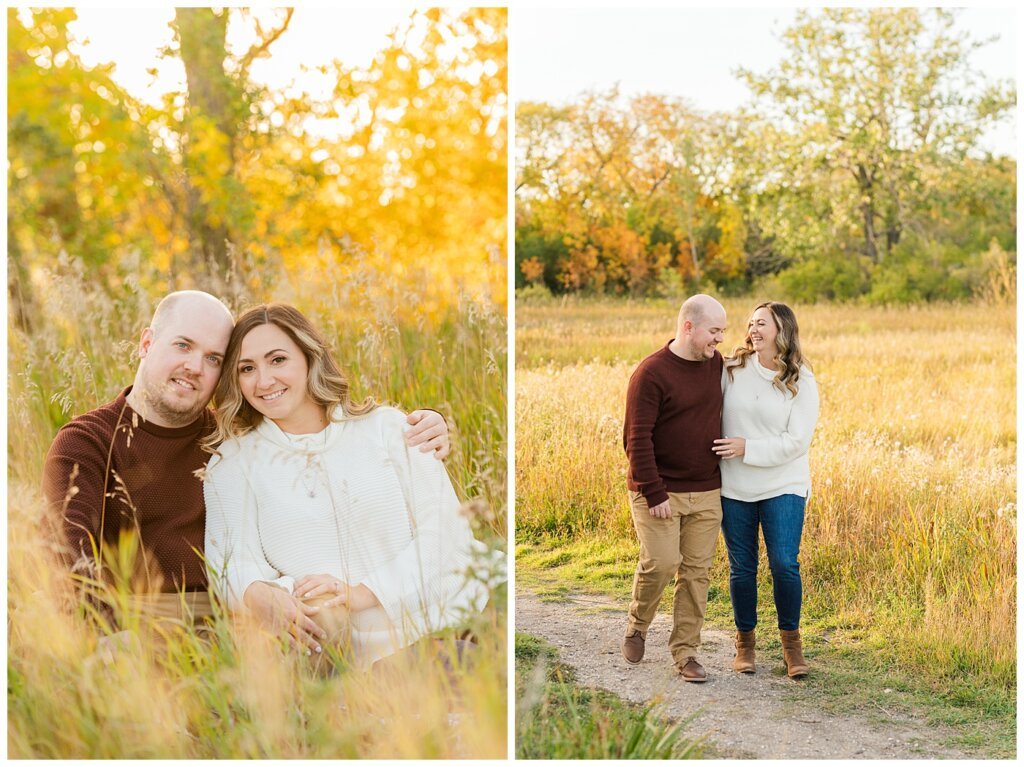 Trevor & Kim - Regina Engagement Session - Wascana Centre Habitat Conservation Area - 03 - Couple walking and laughing in field