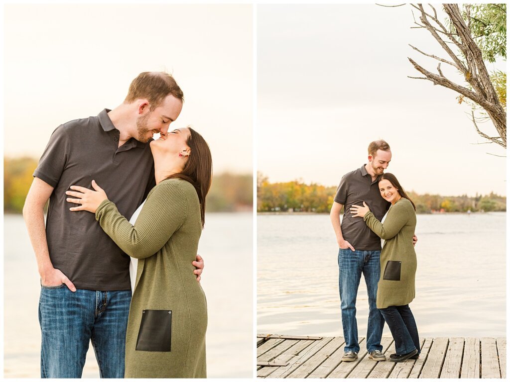 Andrew & Alisha - Engagement Session - 04 - Wascana Boathouse - Couple laughing and kissing on dock