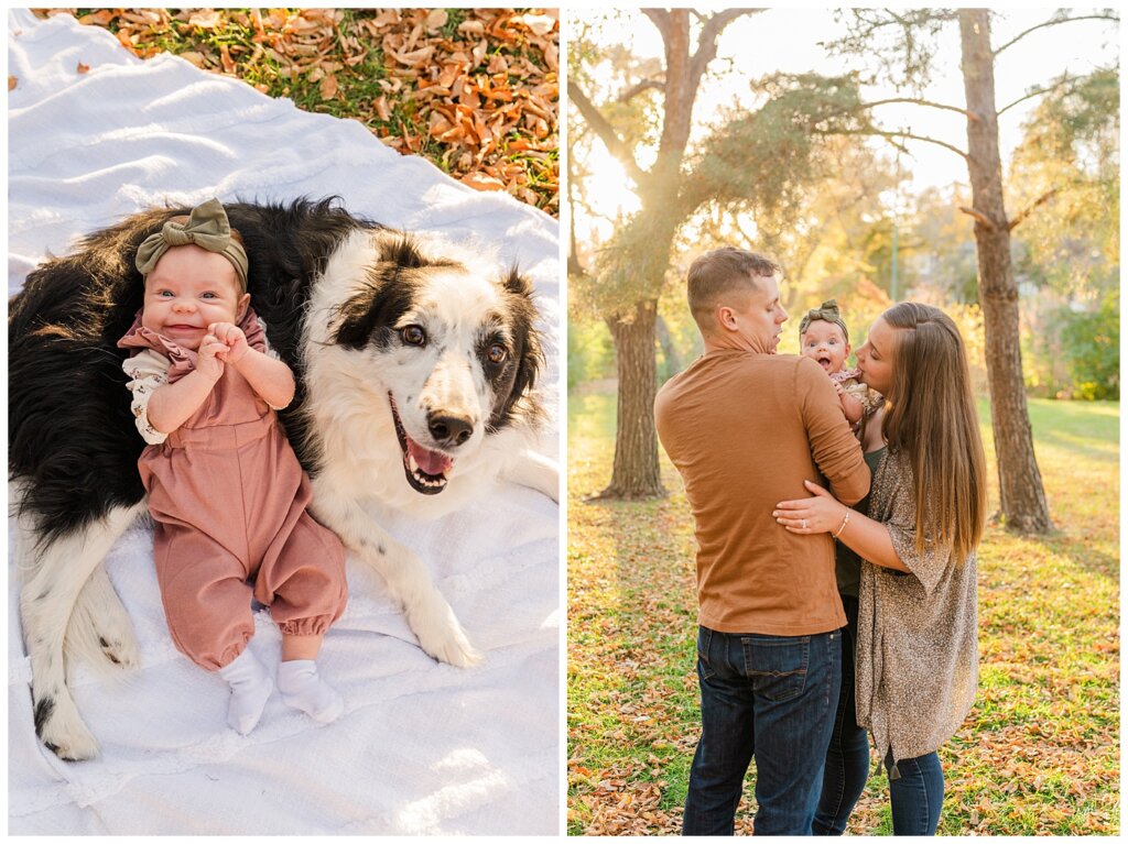 Filby Family - Regina Family Photography - Wascana Park - 02 - Baby laying on dog and laughing at camera