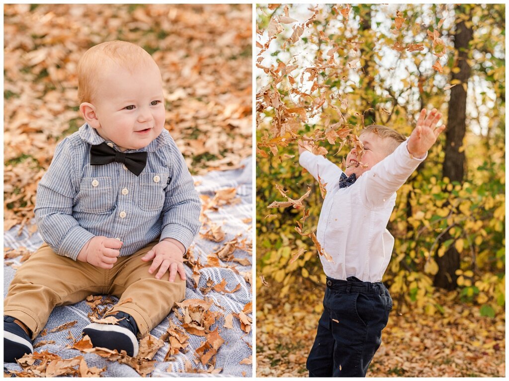 Nickel Family - Regina Science Centre - Family Photo Session - 02 - Infant smiling and older brother throwing leaves