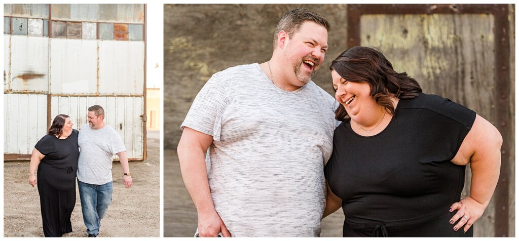Regina Couples Photo Session - Scott & Ashley 2021 - Regina Warehouse District - 09 - Laughing and walking in back alley
