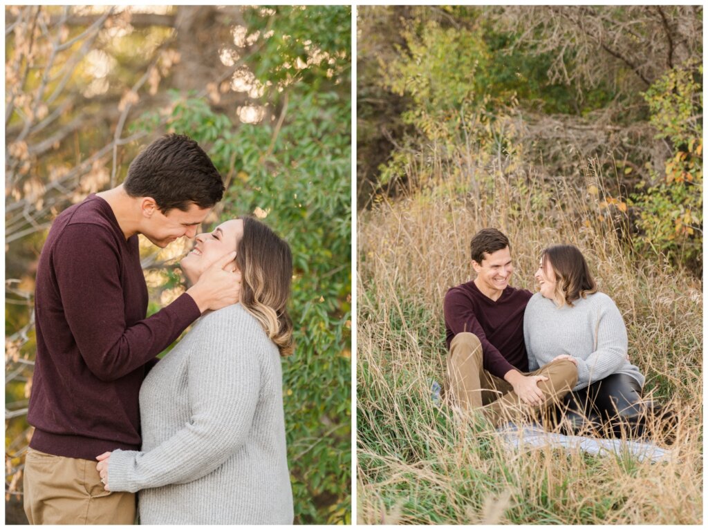 Regina Engagement Photography - Ben & Megan - Engagement Session at AE Wilson Park and Island - 01 - Giggling as couple sits in AE Wilson Park