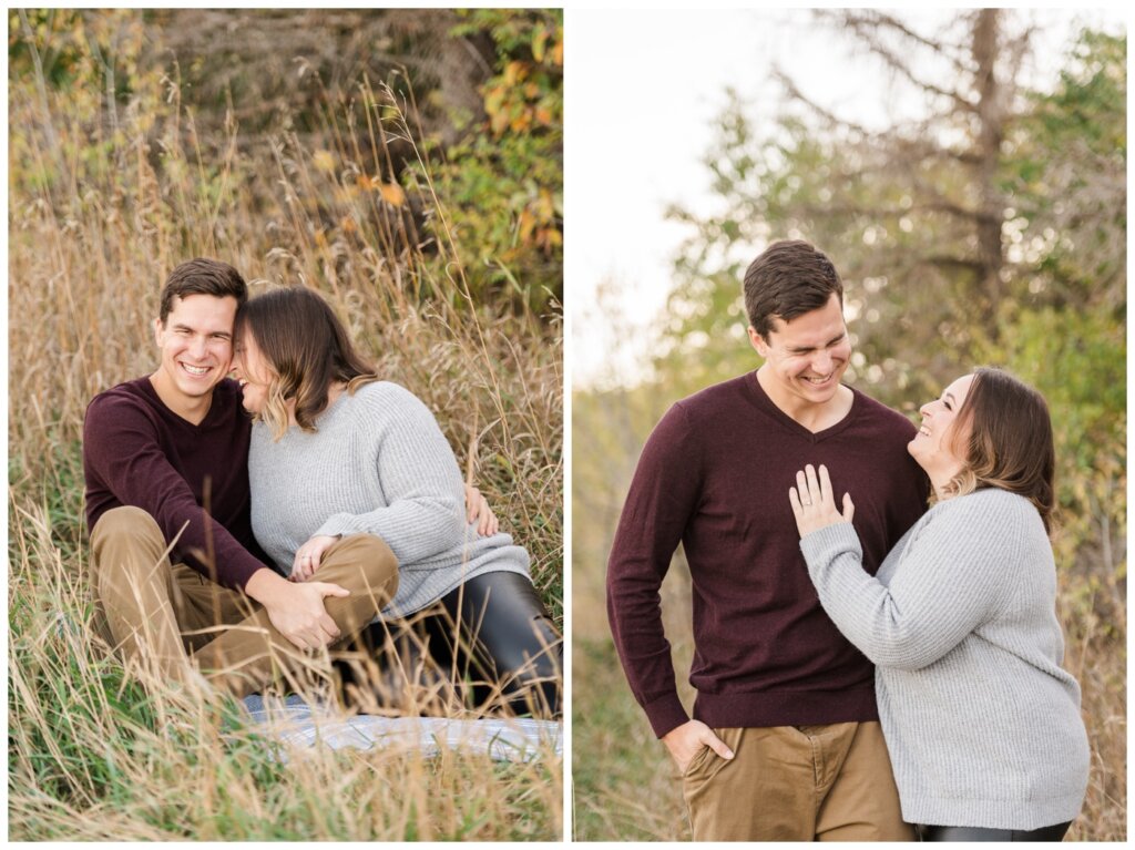 Regina Engagement Photography - Ben & Megan - Engagement Session at AE Wilson Park and Island - 04 - Couple laughing and woman's hand on man's chest