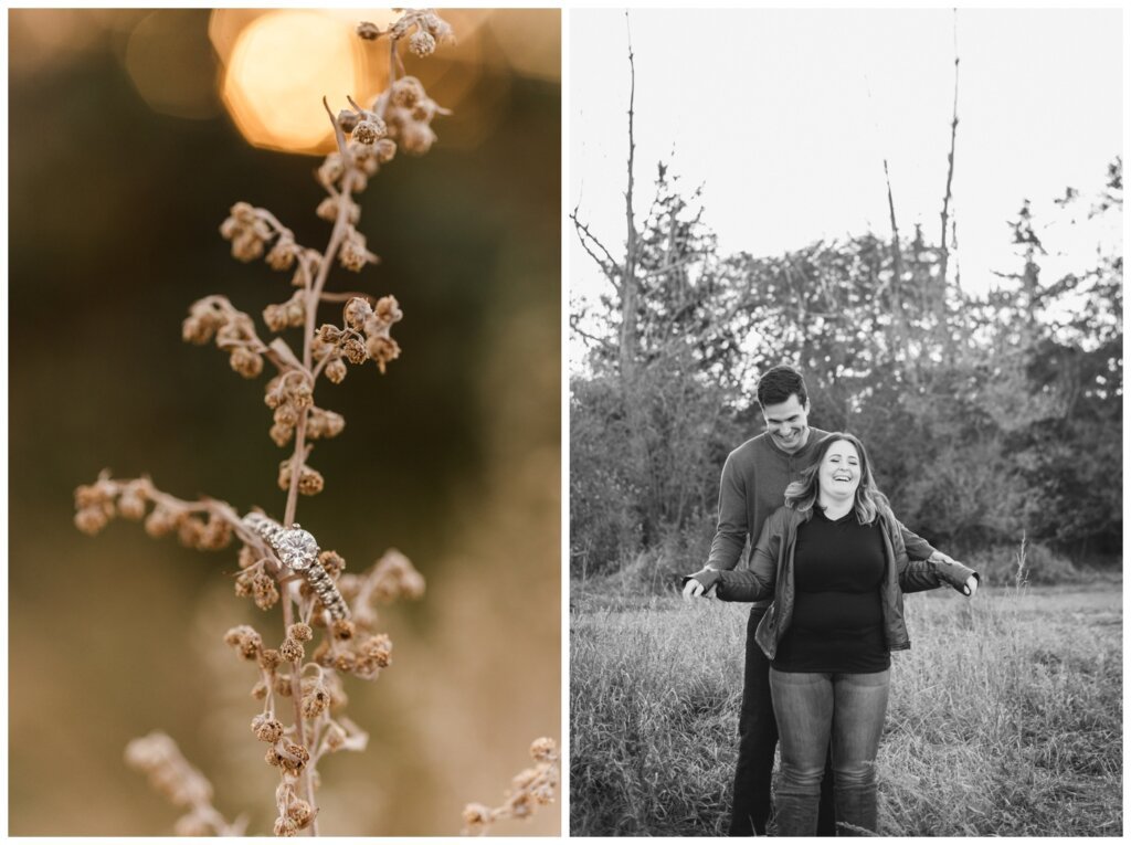 Regina Engagement Photography - Ben & Megan - Engagement Session at AE Wilson Park and Island - 11 - Close up of Victoria Jewellers engagement ring and Ben puppeting Megan