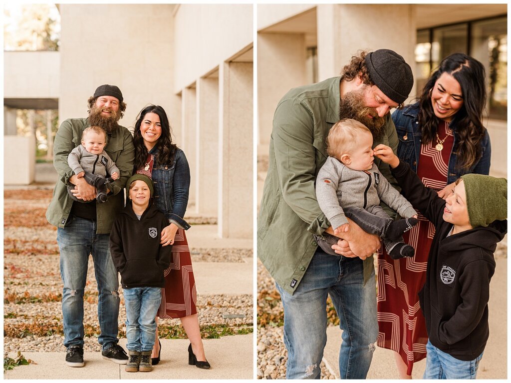 Regina Family Photographers - Keen Family - 2021 - TC Douglas Building - 01 - Family Posed and big brother tickling little brother's nose