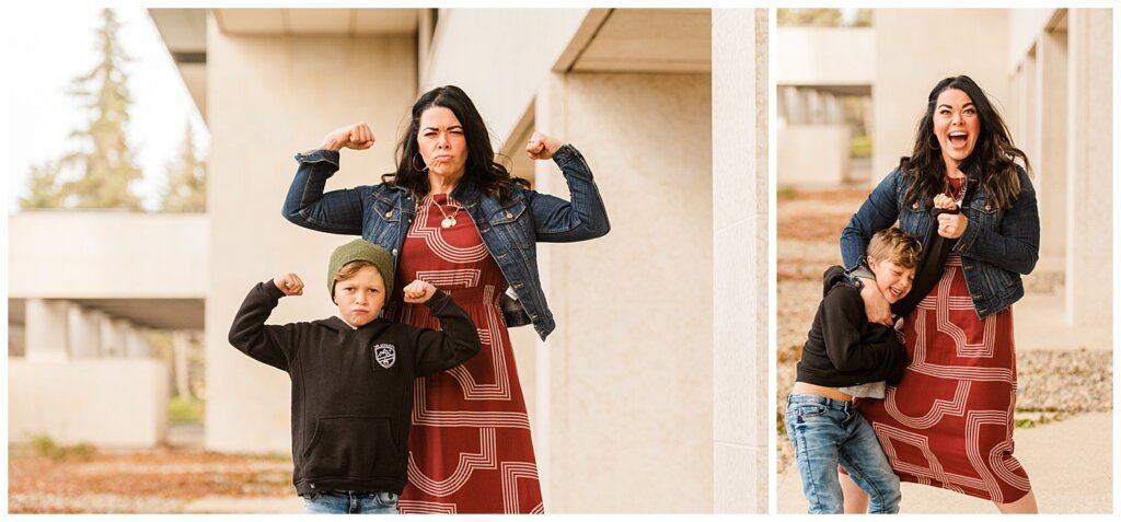 Regina Family Photographers - Keen Family - 2021 - TC Douglas Building - 13 - Mom tickling oldest son